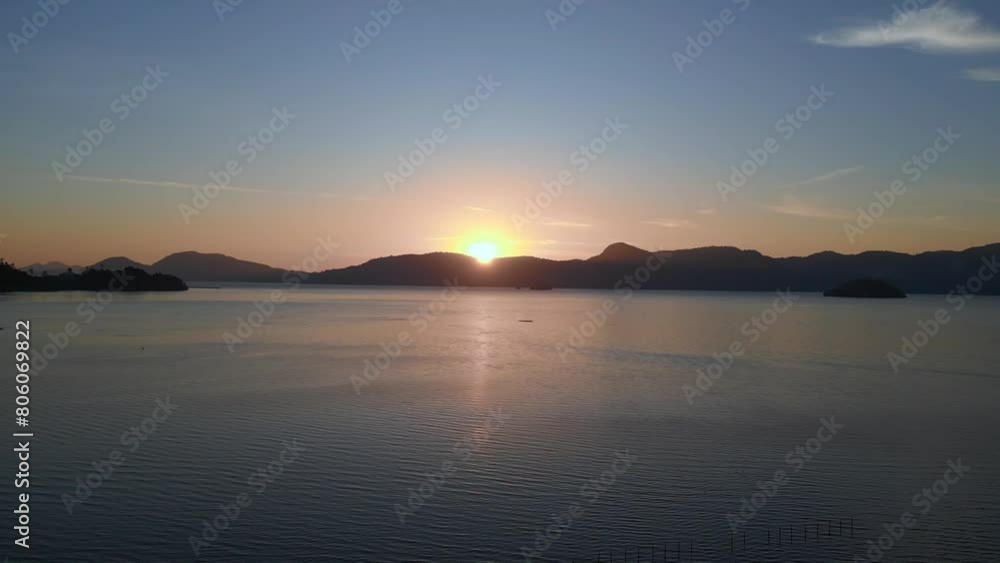 Tranquil sea sunrise horizon langkawi islands. Stunning aerial view flight drone Tranquil sea sunrise horizon langkawi islands. Stunning aerial view flight drone