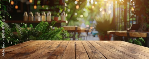 Positioned near the coffee shop with blurred green background, the wooden table offers a quiet corner for reflection and writing, Sharpen 3d rendering background © JK_kyoto