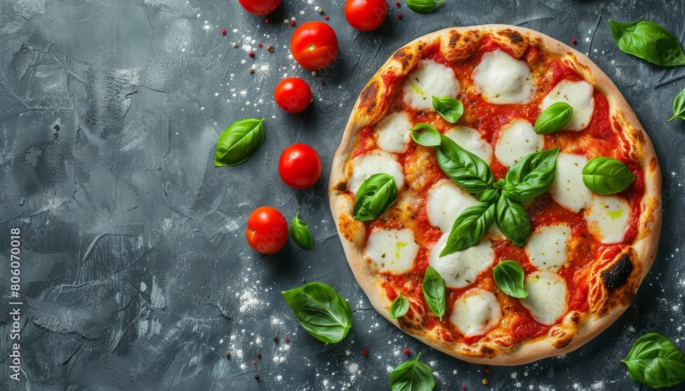Relish the simplicity and taste of Italian Margherita pizza, topped with fresh basil and mozzarella, with a solid background and copy space on center for advertise
