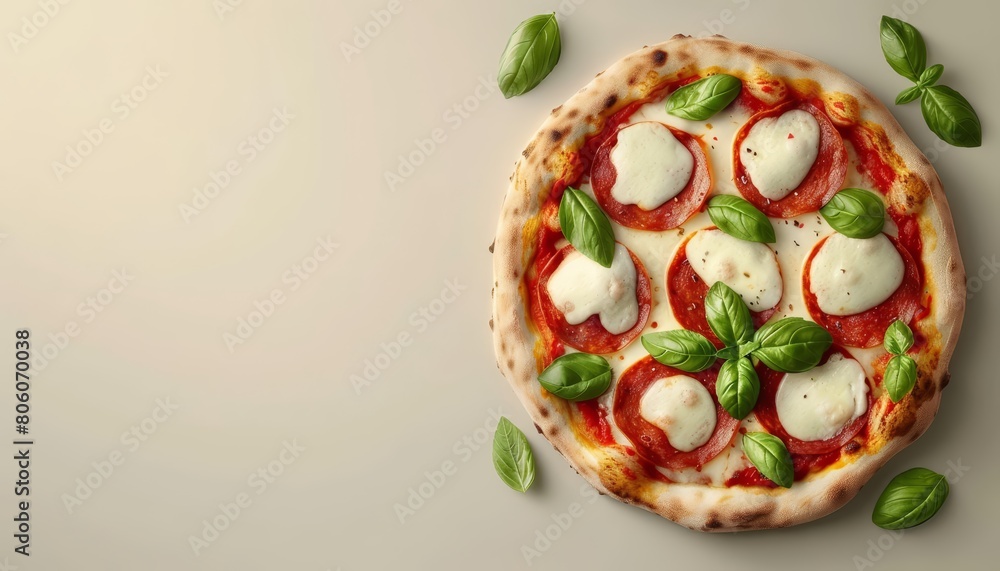 Relish the simplicity and taste of Italian Margherita pizza, topped with fresh basil and mozzarella, with a solid background and copy space on center for advertise Relish the simplicity and taste of Italian Margherita pizza, topped with fresh basil and mozzarella, with a solid background and copy space on center for advertise