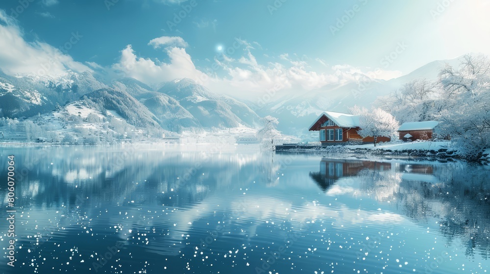 Fototapeta premium Scenic view of Lake, small village, and cozy house at mountain in snowy winter, Sharpen banner template with copy space on center