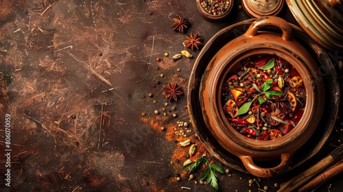 Savor the aromatic blend of spices in a Moroccan tagine, a feast for the senses, with a solid background and copy space on center for advertise