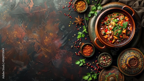 Savor the aromatic blend of spices in a Moroccan tagine  a feast for the senses  with a solid background and copy space on center for advertise