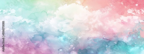 Colorful pastel watercolor background with a soft abstract cloud texture, soft color blending creating a dreamy and gentle atmosphere.