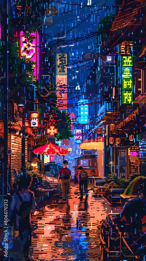 A pixelated city street with a rainy atmosphere
