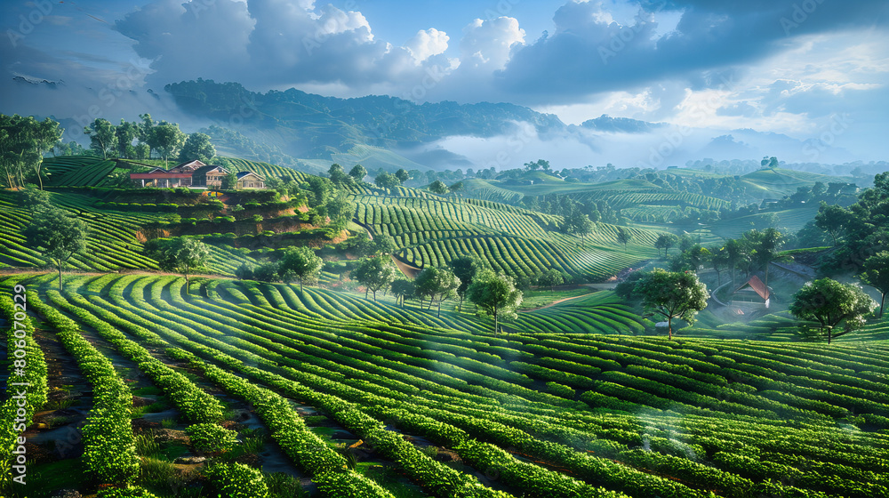 Lush Green Rice Terraces at Dawn, Scenic Agricultural Landscape in Rural Asia Lush Green Rice Terraces at Dawn, Scenic Agricultural Landscape in Rural Asia