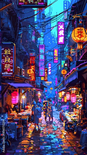 A pixelated street scene of a city at night