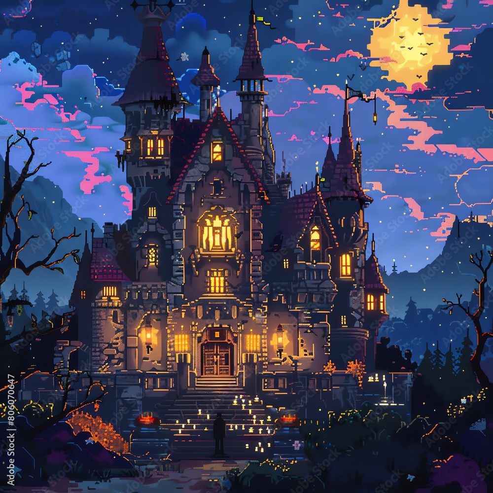 Create a pixel art image of a haunted castle. Make the castle look spooky and mysterious. Include a full moon and some bats.