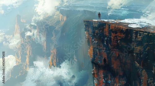 Capture the feeling of standing on the edge of a cliff, looking down into the abyss photo