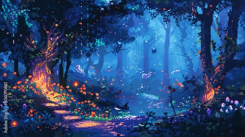 A pixel art image of a forest at night