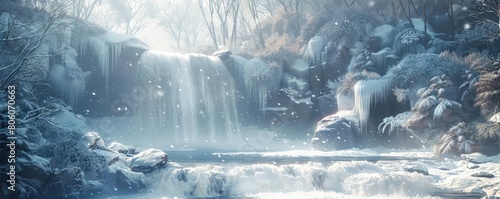 Create a scene of a waterfall frozen in winter