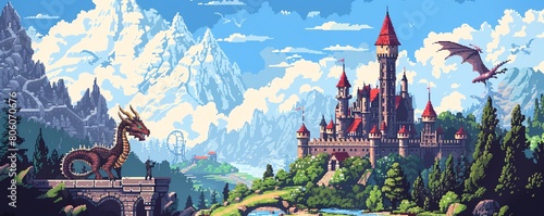 A pixel art image of a castle with a dragon flying above it. The castle is surrounded by mountains and trees, with a river running through the valley below.