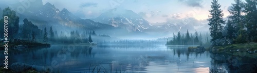 Depict the tranquility of a lake at dawn photo