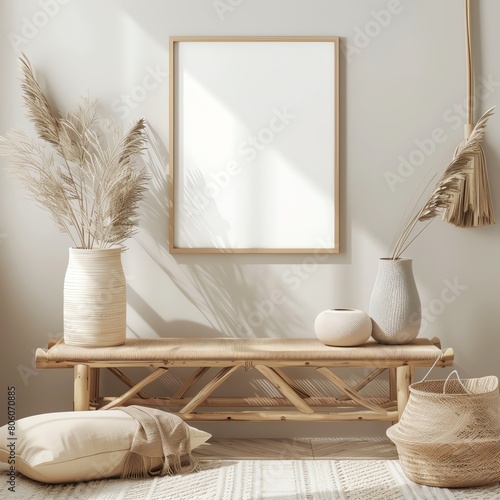 A living room with a large empty frame on the wall Japandi style Interior Background