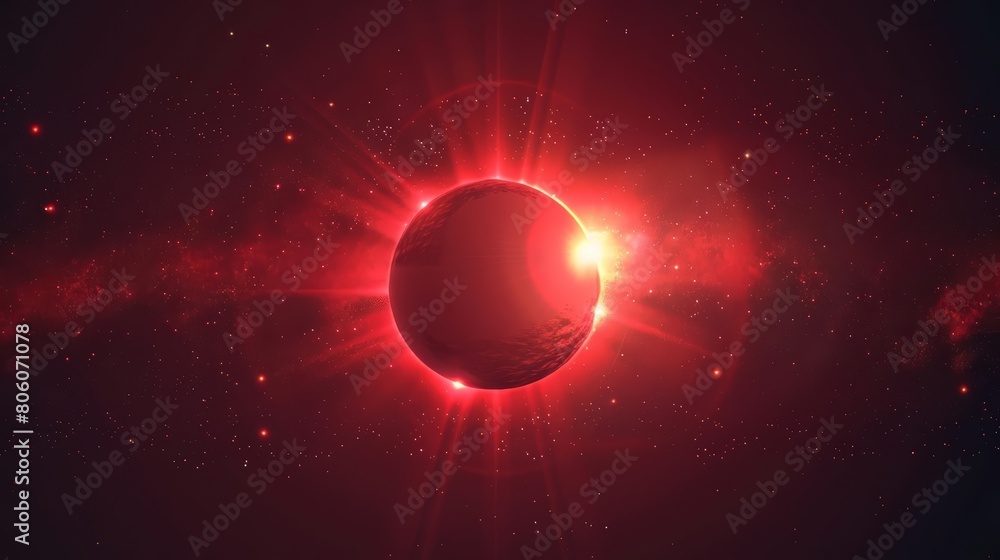 Fototapeta premium The glowing epic red sun with light in space dazzles on the futuristic space banner, symbolizing energy and power, Sharpen banner template with copy space on center