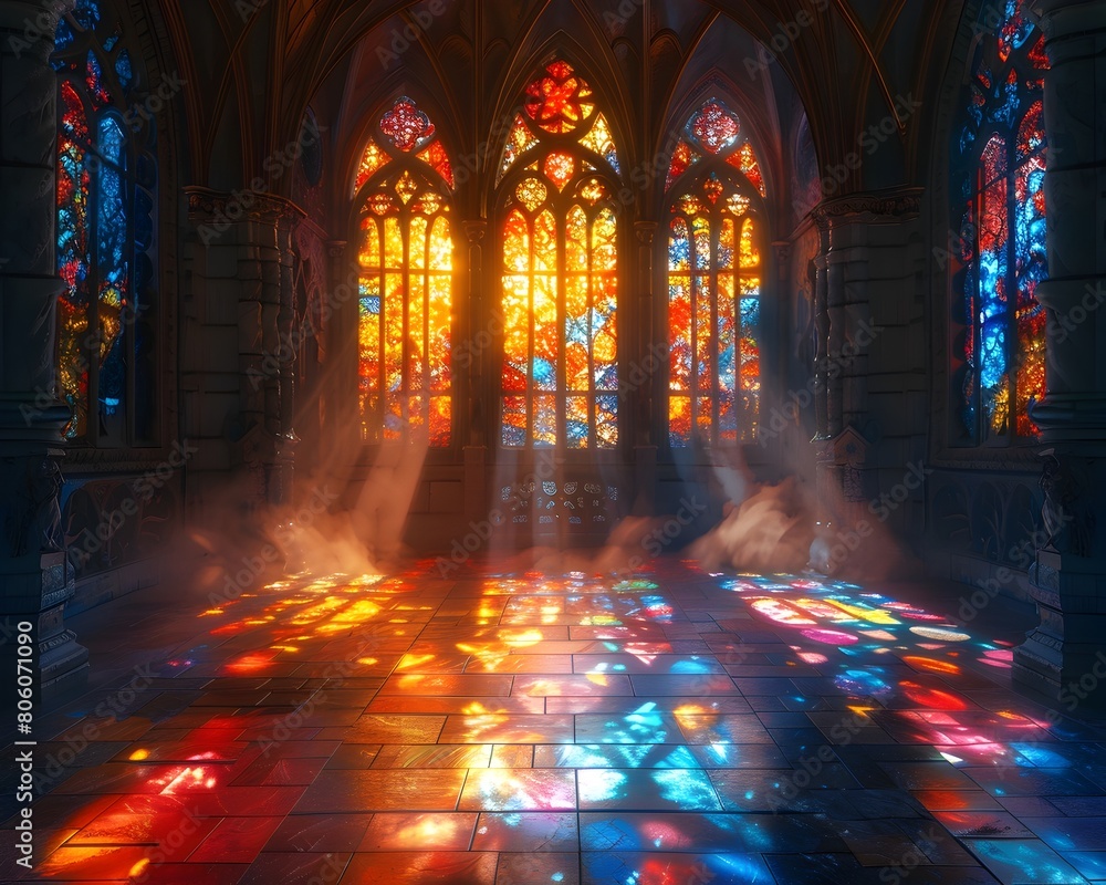 Gothic Cathedral's Stained Glass Windows Illuminating Ancient Stone Floors with Mysterious Light Gothic Cathedral's Stained Glass Windows Illuminating Ancient Stone Floors with Mysterious Light