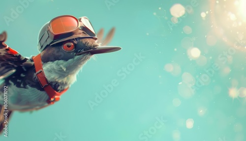 The image showcases a closeup halfbody of a charismatic migratory bird in a pilots uniform photo