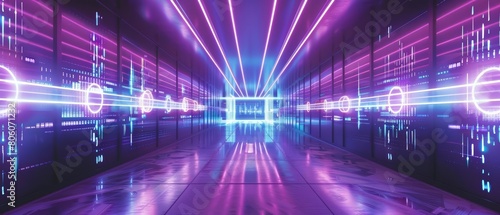 The musical symbol of the circular audio equalizer vibrates against a futuristic corridor illuminated with purple and blue neon lights, Sharpen with copy space photo