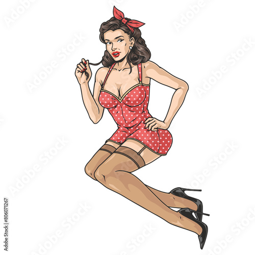 Seductive girl colorful pinup label