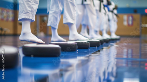 A row of taekwondo sparring pads lined up on a gym floor, with students practicing kicks and punches under the watchful eye of their instructor and the spirit of discipline  photo