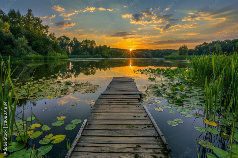 Serene Lake View at Sunset from a Wooden Pier
