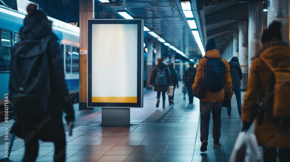 Fototapeta premium Within the confines of a busy train station, the creative white blank mockup serves as an informative platform, white blank poster billboard Sharpen with large copy space