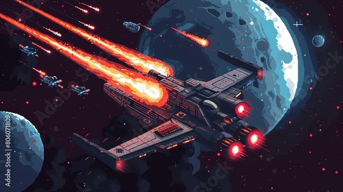 A lone spaceship battles against a swarm of enemy fighters