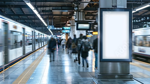 Within the confines of a busy train station, the creative white blank mockup serves as an informative platform, white blank poster billboard Sharpen with large copy space photo