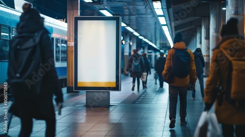 Within the confines of a busy train station, the creative white blank mockup serves as an informative platform, white blank poster billboard Sharpen with large copy space photo