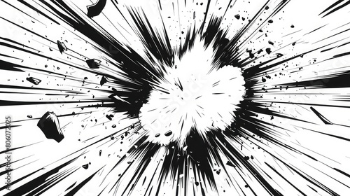 Comic Boom. Explosion,Comic Boom. Black Explosion on White Background.Speed lines in frame for manga comics book. Radial motion background. Monochrome explosion and flash glow