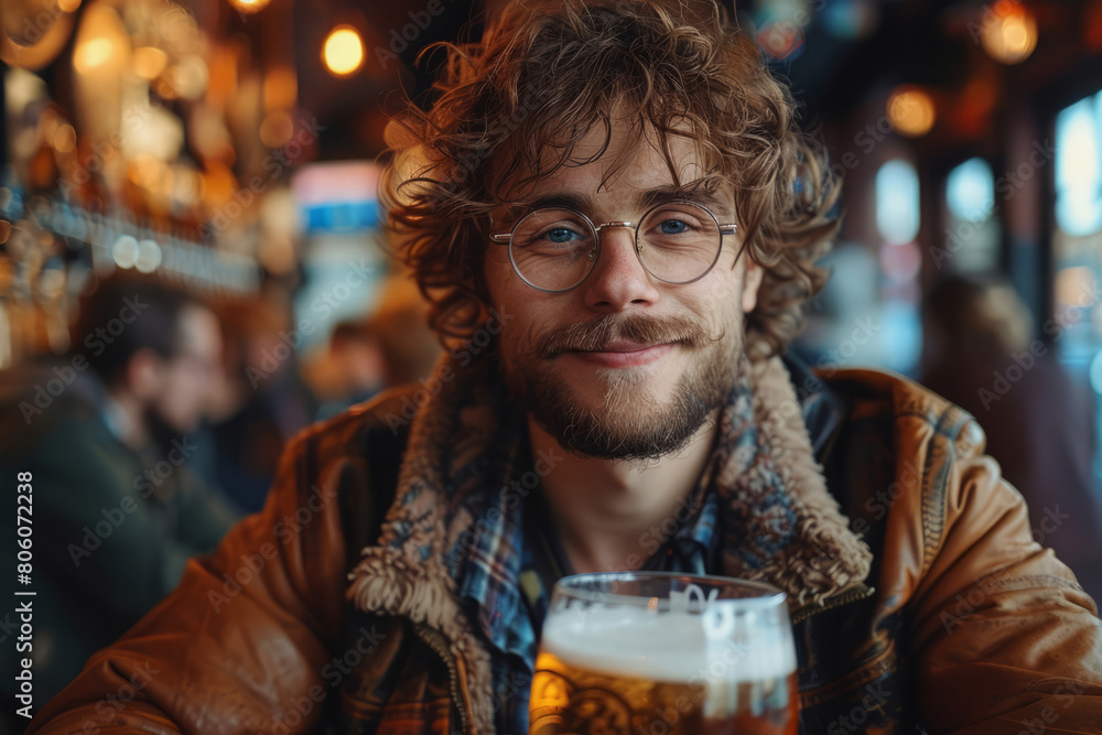 Tipsy man sits in pub and drinks pint of beer. Drunk man has fun in bar with glass of beer Tipsy man sits in pub and drinks pint of beer. Drunk man has fun in bar with glass of beer