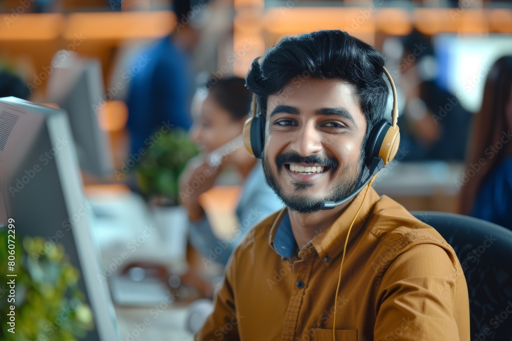 Cheerful Office Worker with Headset at Computer Desk
Cheerful Office Worker with Headset at Computer Desk