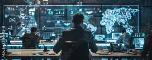 A tense scene within a military AI control center, displaying the ethical dilemmas and reliance on artificial intelligence in war