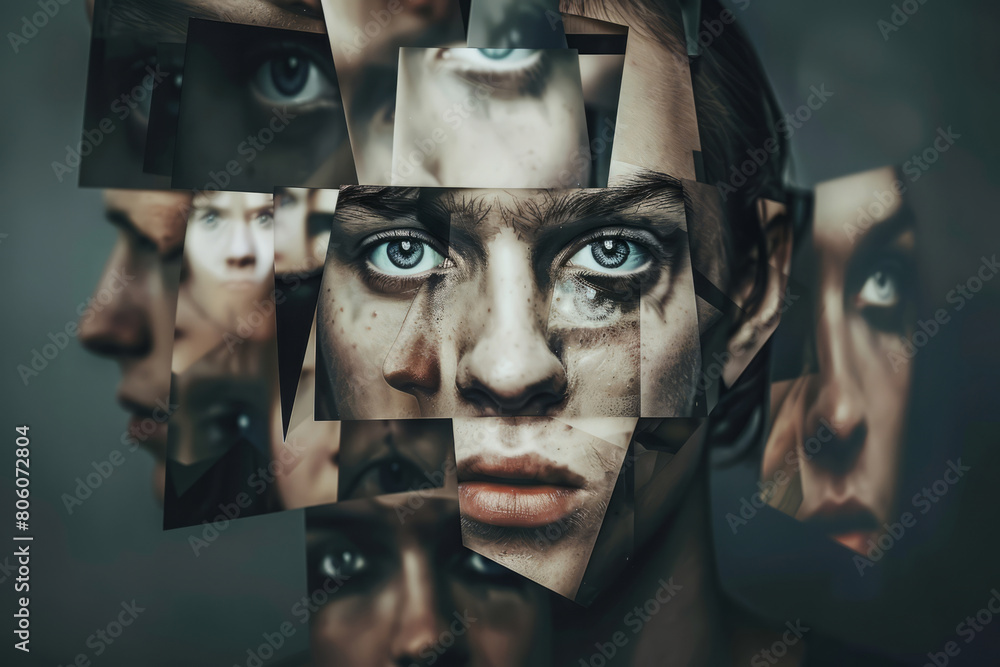 Conceptual portrait with woman surrounded by his multiple personalities. Depressed person with multiple personality disorder