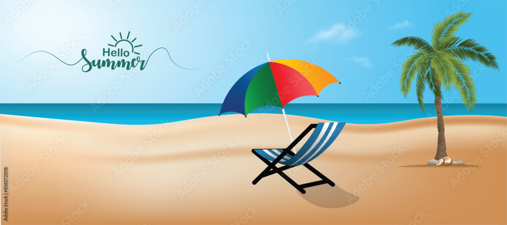 Summer holiday beach Chair, colorful Umbrella vector poster