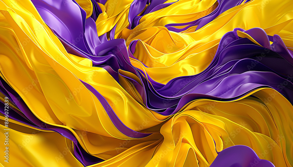 A vibrant and energetic scene of bright yellow and deep purple waves, swirling together in a dynamic and bold display that captures the vibrancy of a festive parade.