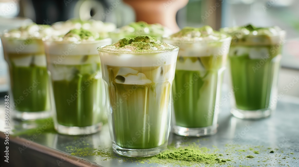 A stylish display of iced matcha lattes, each glass topped with a frothy layer and a sprinkle of matcha powde A stylish display of iced matcha lattes, each glass topped with a frothy layer and a sprinkle of matcha powde