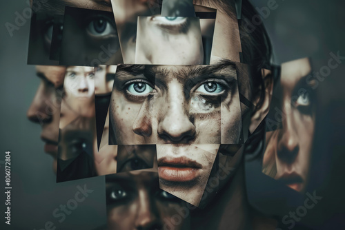 Obraz na płótnie Conceptual portrait with woman surrounded by his multiple personalities. Depressed person with multiple personality disorder w salonie