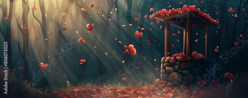 Petals falling on a wishing well photo