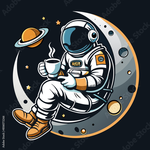 Astronaut sitting on the moon while holding a cup of coffee t-shirt and apparel trendy design with simple typography, good for t-shirt graphics, poster, print and other uses. Vector illustration stock