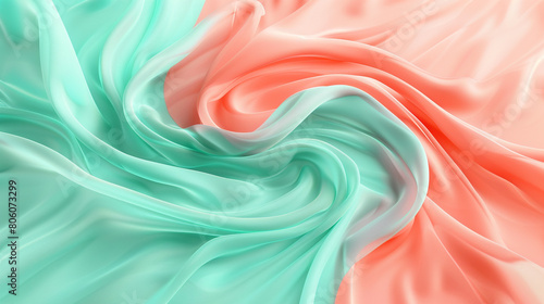 A whimsical interplay of soft mint and bright coral waves, twisting in a playful dance that suggests the lightheartedness of a summer breeze. photo