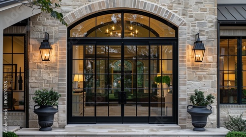 Arched glass door with black metal framing for an elegant entrance