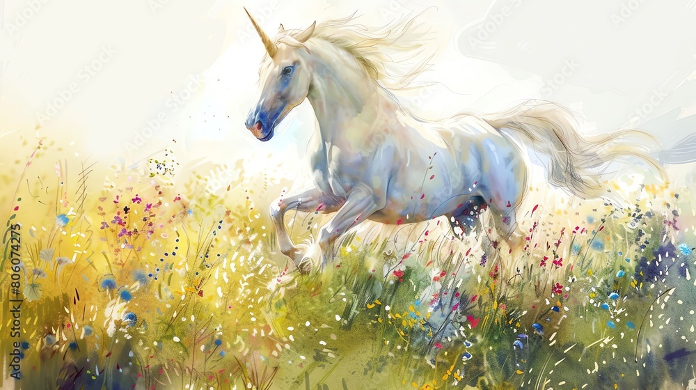 Illustrate a unicorn galloping through a shimmering field of wildflowers at sunrise using vibrant watercolor techniques Emphasize the magical atmosphere of the mythical creature ag Illustrate a unicorn galloping through a shimmering field of wildflowers at sunrise using vibrant watercolor techniques Emphasize the magical atmosphere of the mythical creature ag