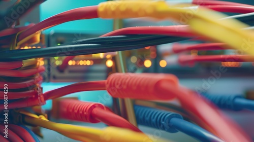 Ultra-fast fiber optic cable installation, close-up, bright colored wires visible, focus on connection points 