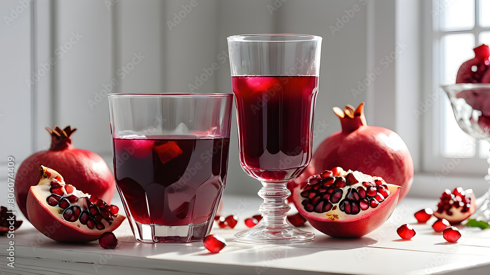 Tasty pomegranate juice in glasses and fresh fruit on white wooden table Tasty pomegranate juice in glasses and fresh fruit on white wooden table