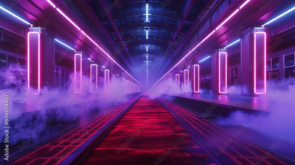 An opulent red carpet inside an empty train station, illuminated by royal purple neon lights An opulent red carpet inside an empty train station, illuminated by royal purple neon lights