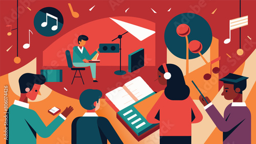 As the first notes of the album fill the room the students are transported back in time appreciating the unique sound and warmth of analogue music. Vector illustration