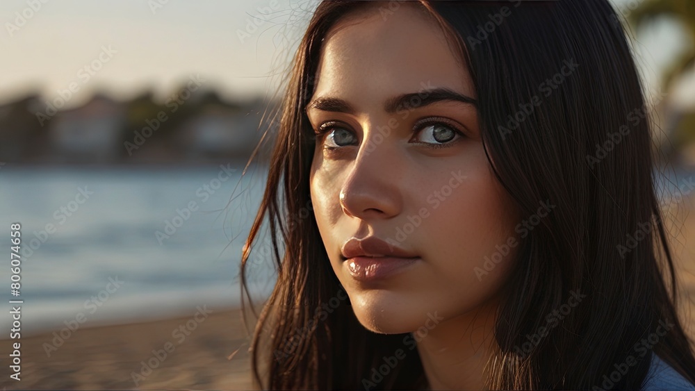 Photorealistic Portrait: 25-Year-Old Turkish Woman with Long Black Hair and Blue Eyes in Soft Sunlight. Photorealistic Portrait: 25-Year-Old Turkish Woman with Long Black Hair and Blue Eyes in Soft Sunlight.