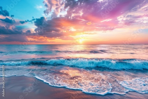 Vibrant pastel sunset reflecting on waves at tropical beach