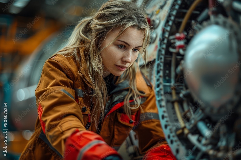 A female mechanic works on an aircraft engine. She is wearing a brown leather jacket and a red shirt. She has long blond hair and a serious expression on her face.